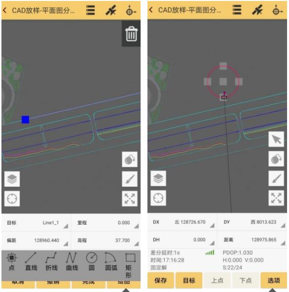 CAD 放樣功能在施工作業(yè)的同時，還可進(jìn)入繪圖模式（點擊右邊毛筆圖標(biāo)），可實時在原 CAD 底圖上進(jìn)行相關(guān)圖形的增加，如點、直線、折線、曲線等，并進(jìn)行放樣